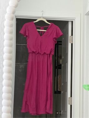 London Times Flutter Sleeve V-Neck Midi Dress - Raspberry